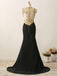 Black Chiffon with Gold Beaded Sweep Train Mermaid Prom Dresses, QB0348