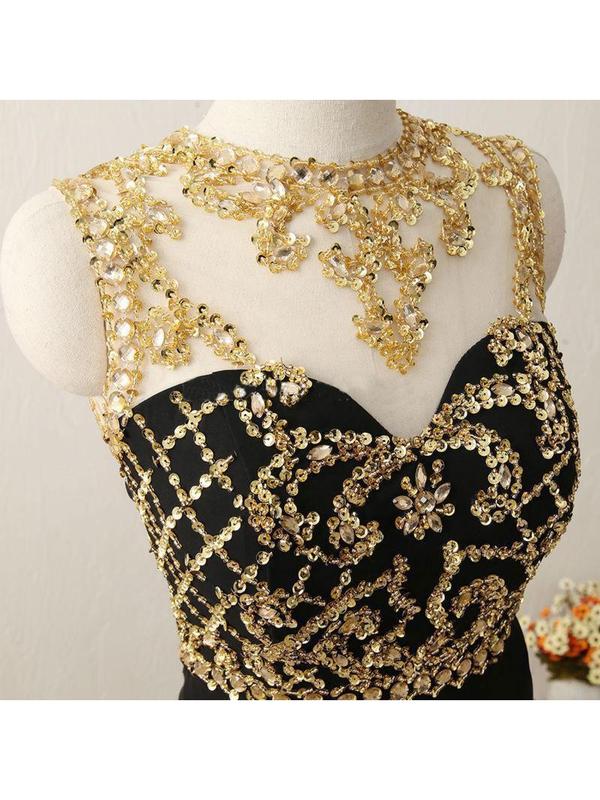 Black Chiffon with Gold Beaded Sweep Train Mermaid Prom Dresses, QB0348