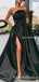 Charming Newest Strapless Black Satin High Side Slit A-line Long Cheap Evening Party Prom Dresses, PDS0014