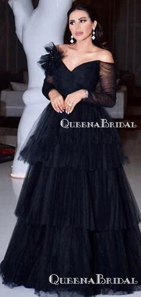 Gorgeous Charming Spaghetti Strap Off-The-Shoulder Black Tulle A-line Long Cheap Prom Dresses, PDS0027