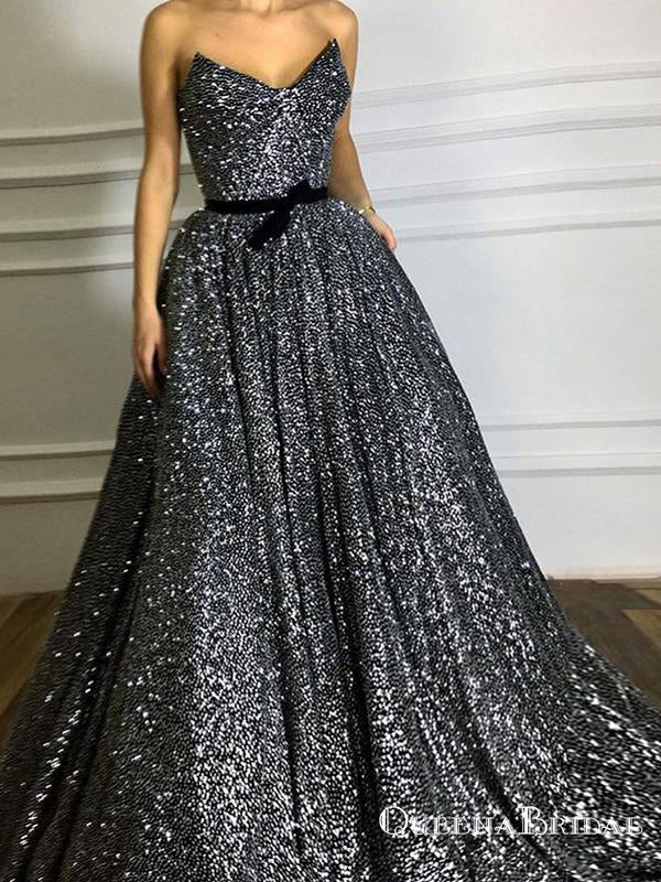 2019 Sparkly A-Line Sweetheart Long Black Sequined Prom Dresses, QB0519
