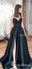 A-Line Black Satin Spaghetti Straps V-neck Simple Long Cheap Formal Prom Dresses with Pockets, PDS0038