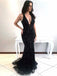 Mermaid Deep V-Neck Open Back Black Prom Dresses with Beading, QB0509