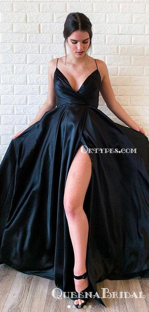 Simple Chaming  A Line V-Neck Floor Length Black Satin Sexy Side Slit Prom Dresses With Pleats, PDS0051