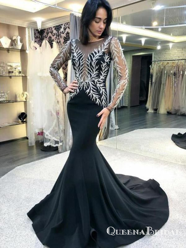 Jewel Black Long Sleeves Appliques Mermaid Evening Gowns Prom Dresses, QB0778