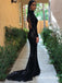 Mermaid High Neck Open Back Sweep Train Black Sequined Prom Dresses, QB0242