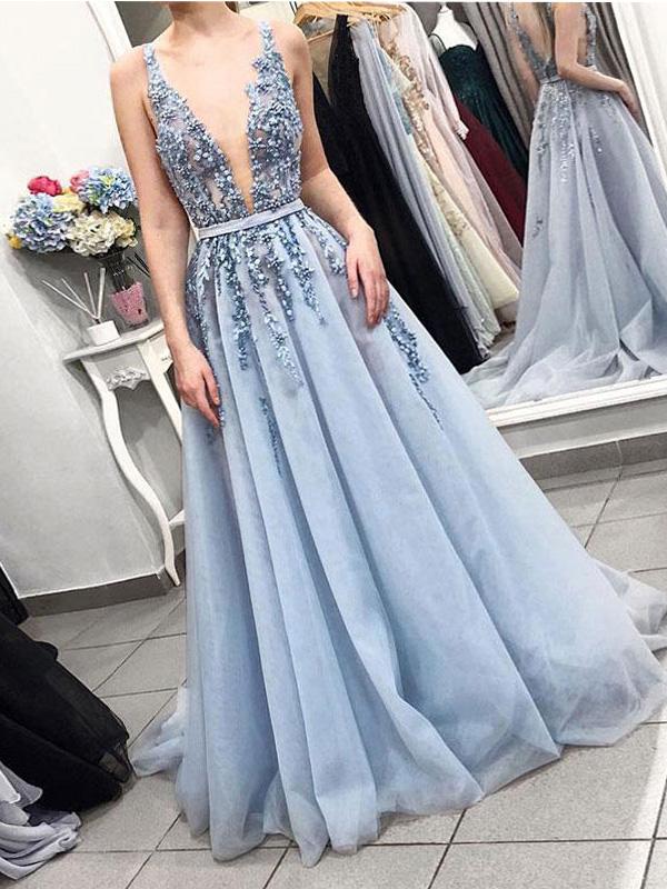 Sexy Backless Deep V Neck Dusty Blue Lace Long Evening Prom Dresses, QB0418