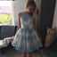 Pretty Jewel Illusion Back Blue Lace Appliques White Homecoming Dresses, QB0176