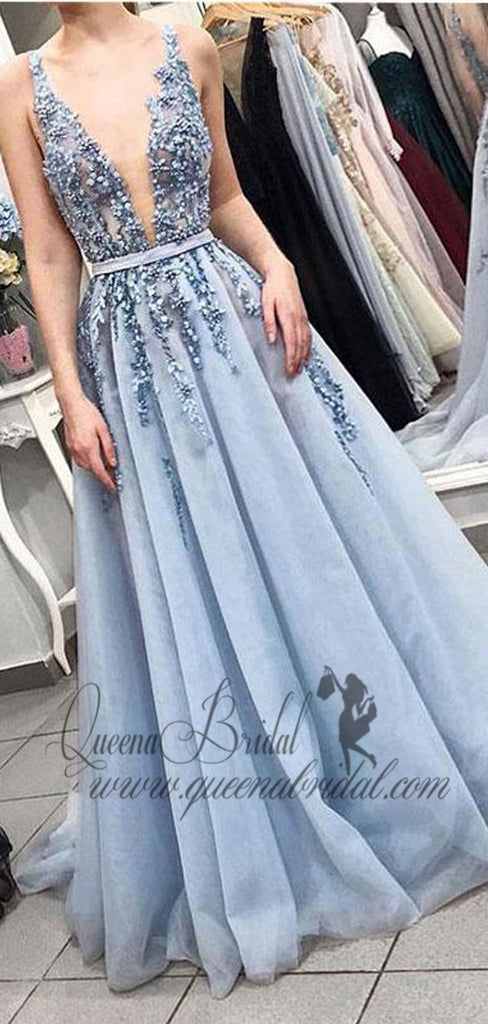 Sexy Backless Deep V Neck Dusty Blue Lace Long Evening Prom Dresses, QB0418