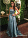 A-Line Strapless Sleeveless Blue Sweep Train Prom Dresses with Ruffles, QB0733