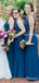 Charming V-neck Blue Mermaid Long Cheap Floor-Length Bridesmaid Dresses, BDS0058