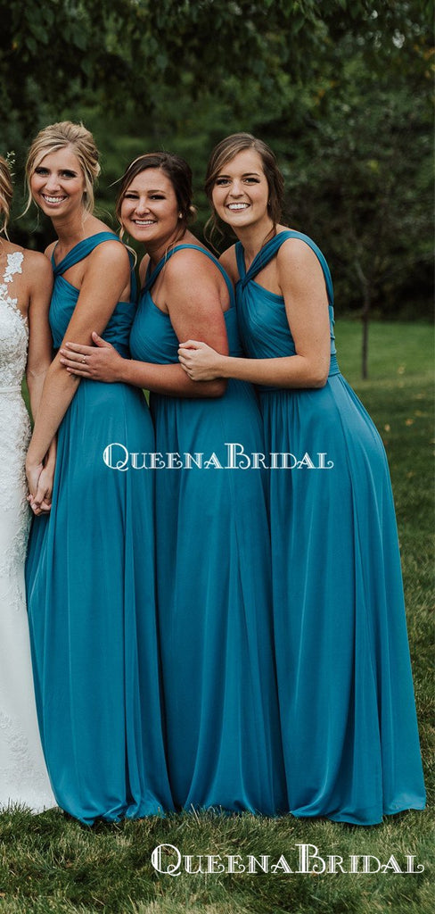 Charming Halter Blue Chiffon A-line Long Cheap Bridesmaid Dresses Online, BDS0077