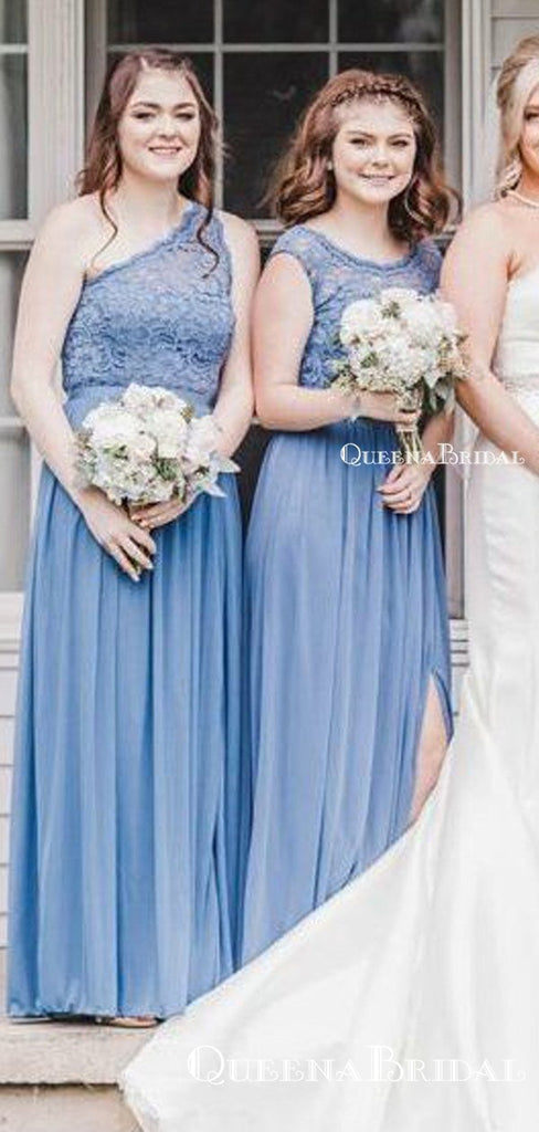 Charming Mismatched Blue Chiffon Top Lace Appliqued A-line Long Cheap Bridesmaid Dresses, BDS0050