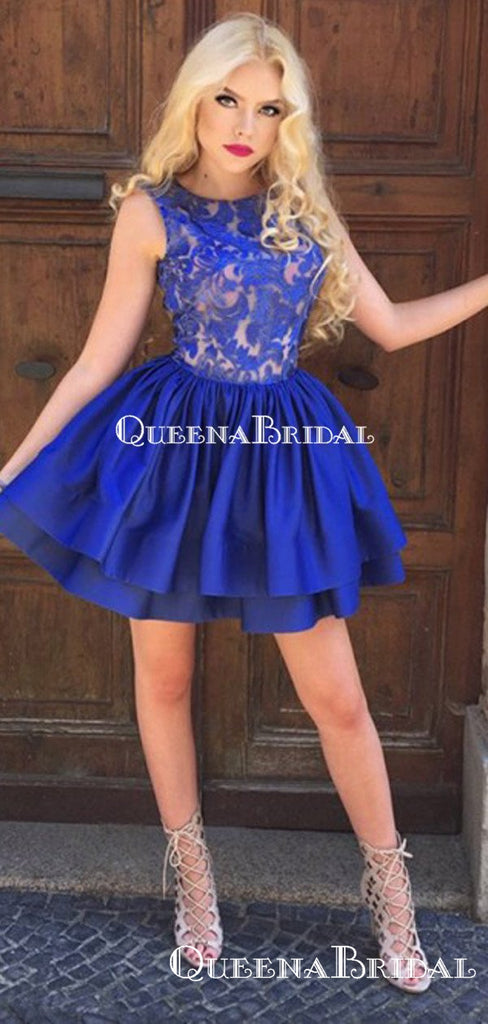 Charming Blue Satin A-line Short Cheap Party Homecoming Dresses, HDS0024