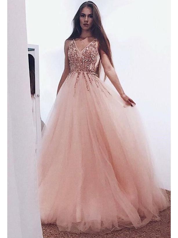 Blush Pink Prom Dresses Beaded V Neck Tulle Ball Gown Prom Dresses, QB0300