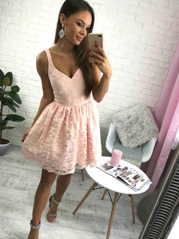 Short Cheap Simple V Neck Blush Pink Lace Homecoming Dresses 2018, CM518