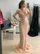 Mermaid V-Neck Long Sleeves Blush Pink Prom Dresses with Sequins, QB0518