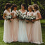 Charming V-neck Cap Sleeves Blush Pink Tulle A-line Long Cheap Lace Appliqued Bridesmaid Dresses, BDS0005