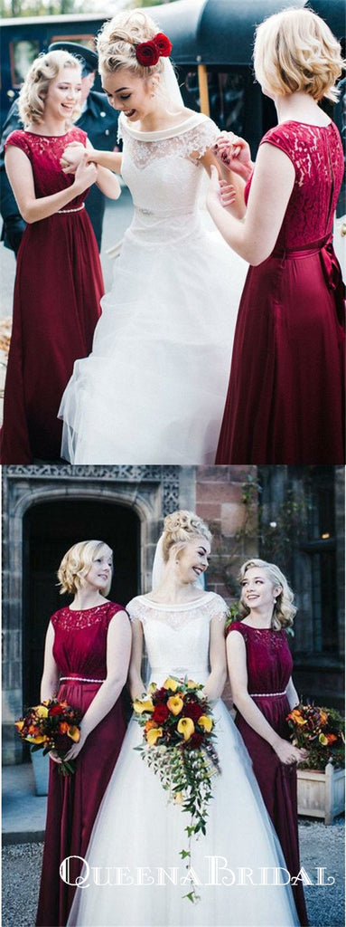 A-line Jewel Burgundy Cap Sleeves Bridesmaid Dresses Appliques Beading, QB0644