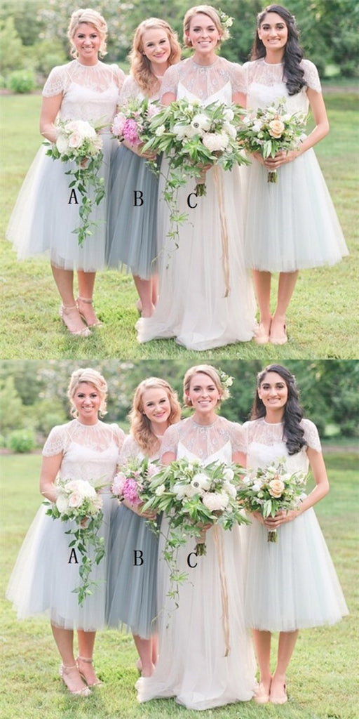 A-Line Round Neck Cap Sleeves Light Grey Tulle Short Cheap Bridesmaid Dresses with Lace, QB0034
