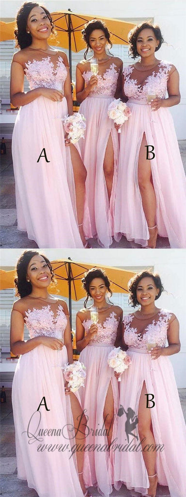 Sexy Side Slit Cap Sleeve Pink Custom Long Bridesmaid Dresses, WG233