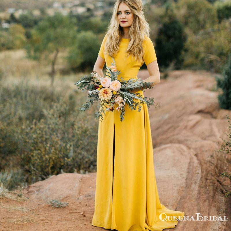 Charming Elegant Yellow Round Neck Short Sleeves Long Cheap Wedding Party Bridesmaid Dresses, QB0912
