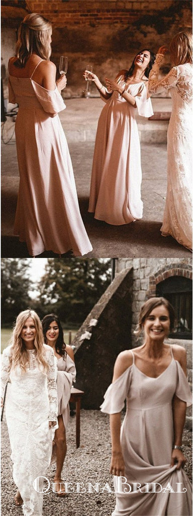 Pink Spaghetti Strap Off Shoulder Long Cheap Bridesmaid Dresses, QB0624