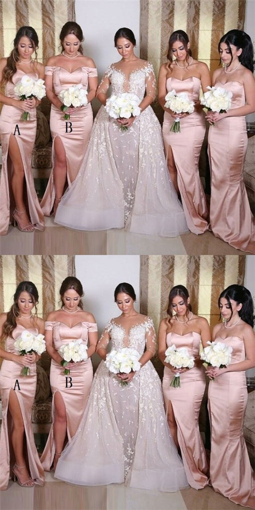 Mermaid Sweetheart Side Split Long Cheap Pink Bridesmaid Dresses Online, QB0029