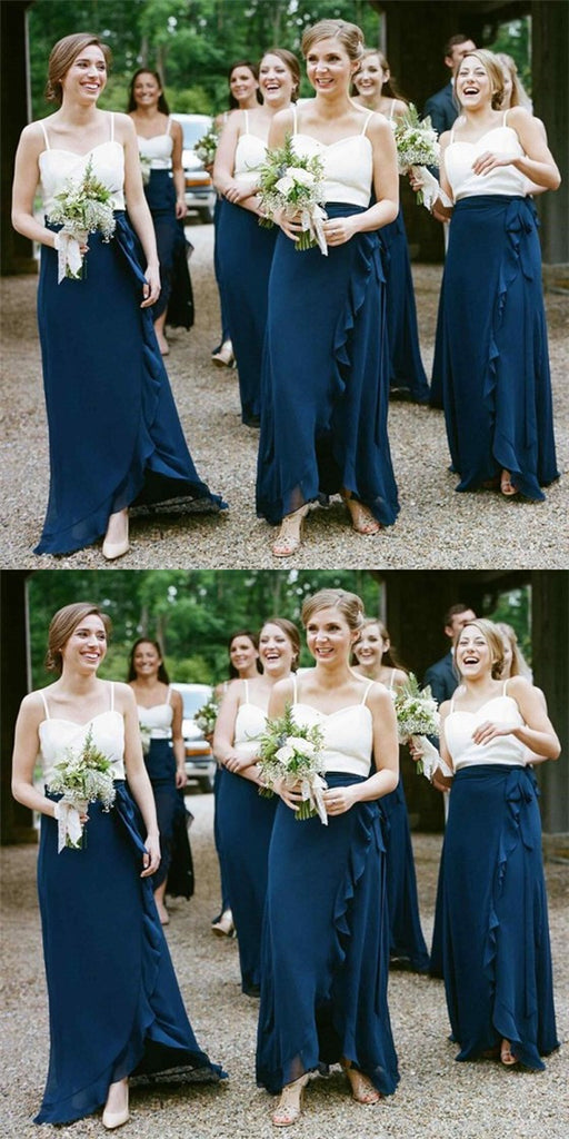 Spaghetti Straps Navy Blue Chiffon Long Cheap Bridesmaid Dresses with Ruffles, QB0014