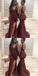 Mermaid V-Neck Split Front Backless Burgundy Bridesmaid Dresses with Ruffles, QB0025
