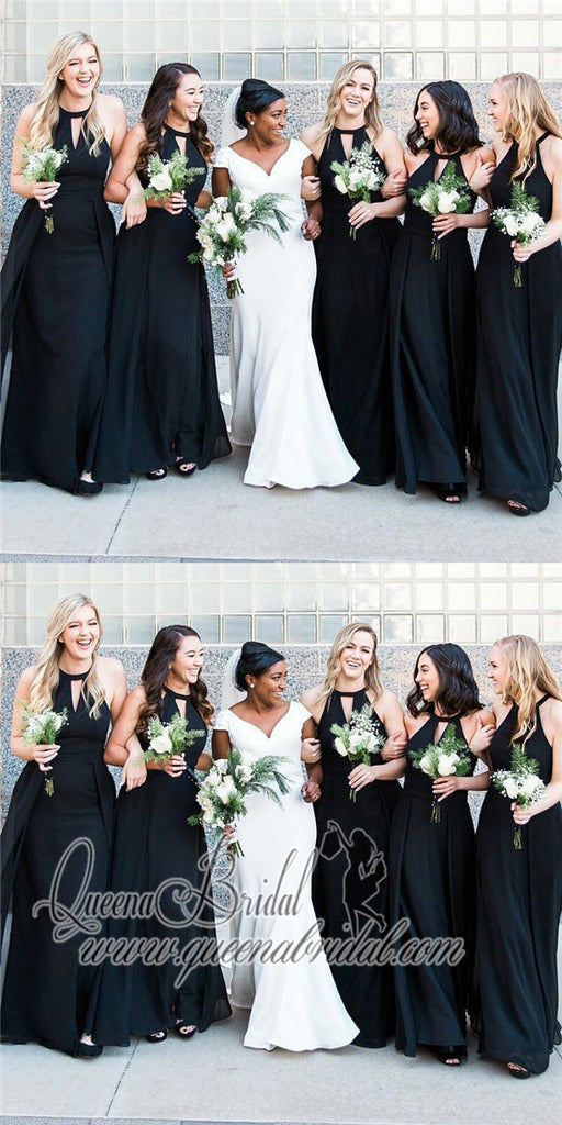 2018 Halter Custom Chiffon Long Black Bridesmaid Dresses, WG225