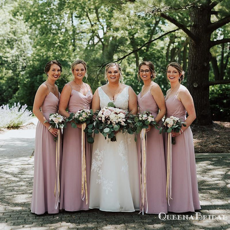 Simple Spaghetti Straps Dusty Pink Chiffon A-line Long Cheap Bridesmaid Dresses Online, BDS0078