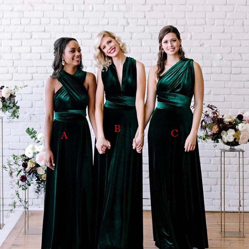 Mismatched Green Velvet Long Cheap Bridesmaid Dresses, BDS0096
