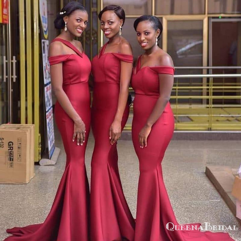 Off-The-Shoulder Red Mermaid Long Cheap Bridesmaid Dresses, BDS0095