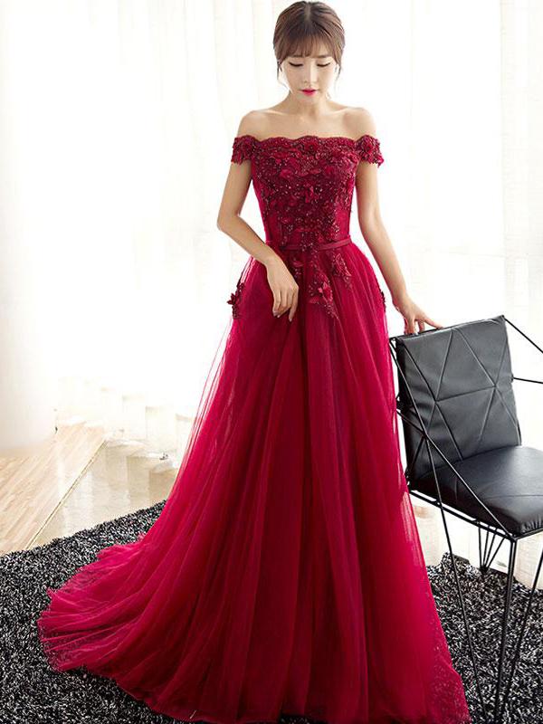 Charming Off Shoulder Red Lace Beaded A-line Long Evening Prom Dresses, QB0368