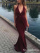 Sexy V Neck Burgundy Long Cheap Mermaid Prom Dresses, QB0790