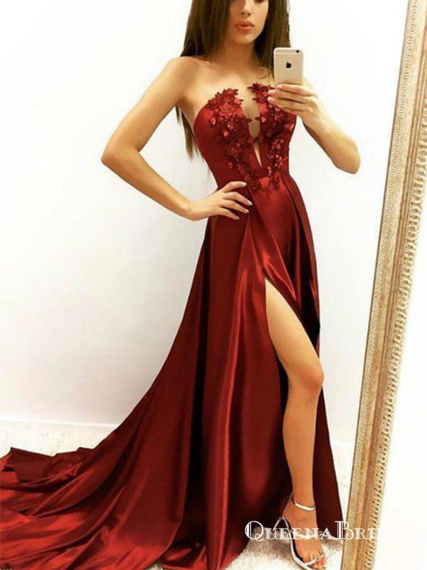 Sexy Burgundy Satin Strapless Appliques Prom Dresses With Side Split, QB0713