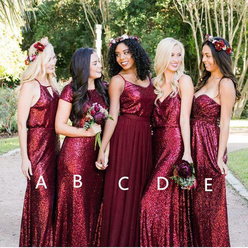 Mismatched Dark Red Sequin Custom Long Bridesmaid Dresses, WG223