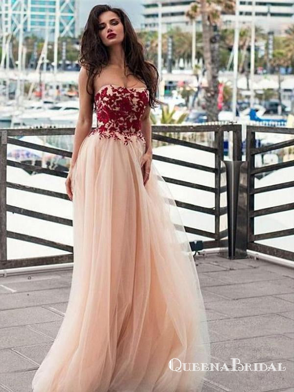 Charming Sweetheart Sleeveless Long Cheap Prom Dresses With Applique, QB0620