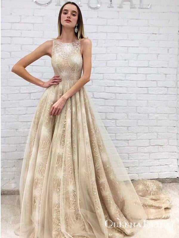 A-Line Round Neck Open Back Champagne Long Prom Dresses, QB0796