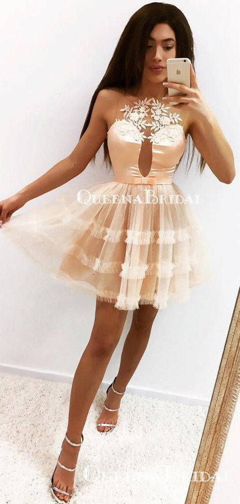 Champagne Halter Tulle A-line Short Cheap Party Homecoming Dresses, HDS0022