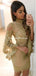 Long Sleeve High Neck Champagne Lace Mermaid Homecoming Dresses, HDS0039