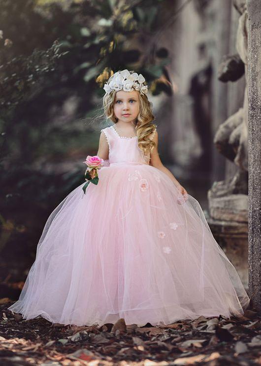 Cheap Tulle Sleeveless Light Pink Princess Ball Gown Flower Girl Dresses, QB0329