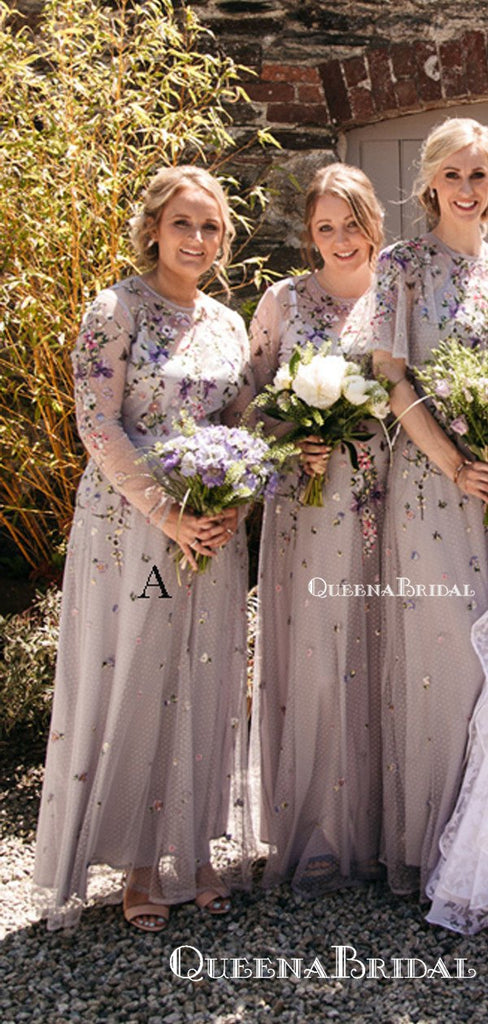 Unique Design Mismatched Flower Appliqued A-line Long Cheap Bridesmaid Dresses, BDS0024