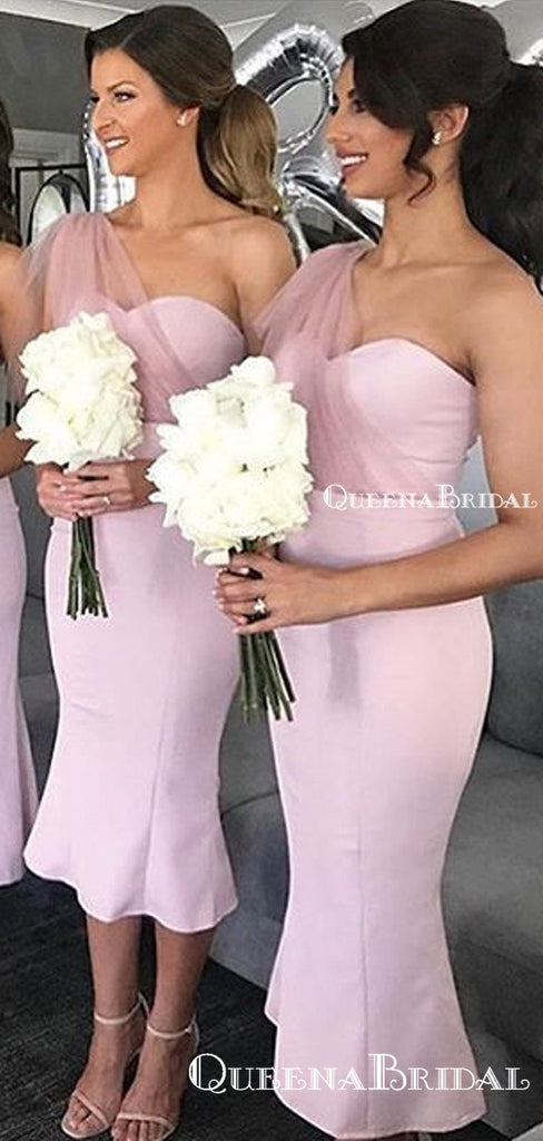Charming Simple One Shoulder Pink Mermaid Ankle-Length Long Cheap Bridesmaid Dresses, BDS0043
