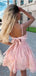 Spaghetti Strap Pink Lace A-line Short Cheap Party Homecoming Dresses, HDS0037