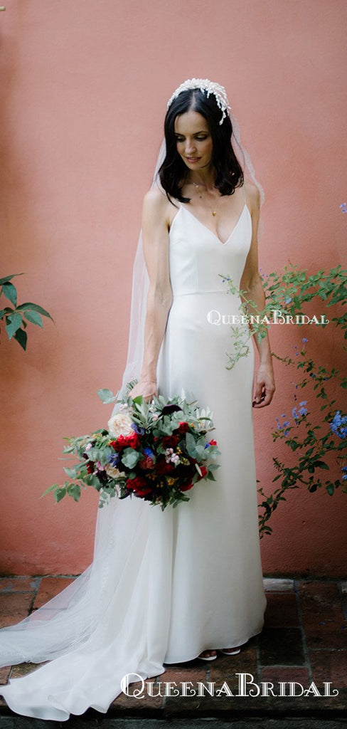 Charming V-neck Spaghetti Strap White Satin Long Cheap Wedding Dresses, WDS0005