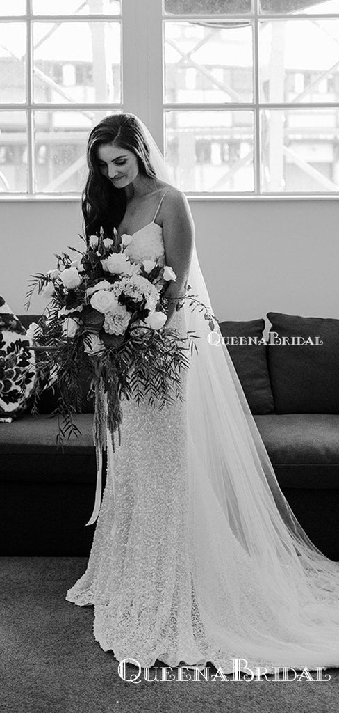 New Arrival V-neck Sequin Bakless Mermaid Long Cheap Wedding Dresses, WDS0016