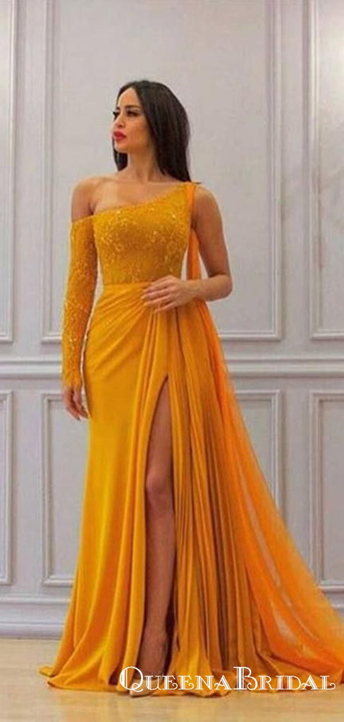 Newest Charming Bright Yellow One Shoulder Long Sleeve Long Cheap Chiffon Prom Dresses, QB0923