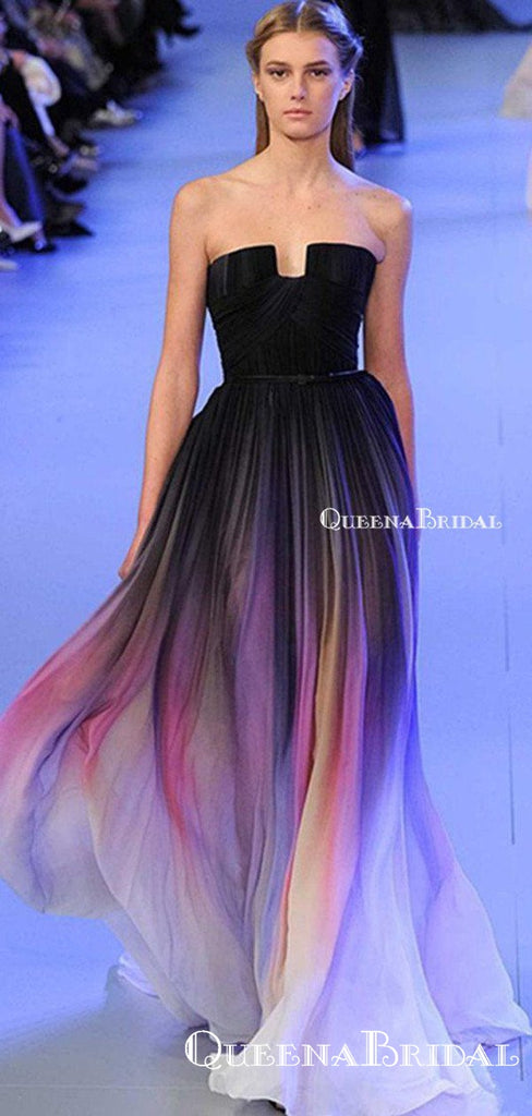 Cheap Strapless Black Ombre Chiffon Sexy Backless A-line Long Cheap Formal Evening Prom Dresses, PDS0057
